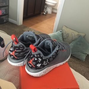 Kids size 3 gray and orange Jordan’s